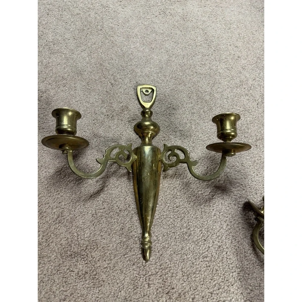 Vintage Solid Brass 2 Arm Candle Holder Wall Mounted Sconce Candelabra 10